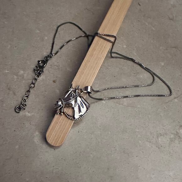 Sterling Silver Horse Head Pendant Necklace-Black Rhodium Plated Chain